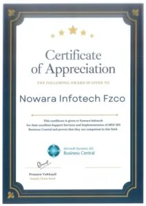 Nowara Infotech Fzco Receives Certificate of Appreciation from MTC